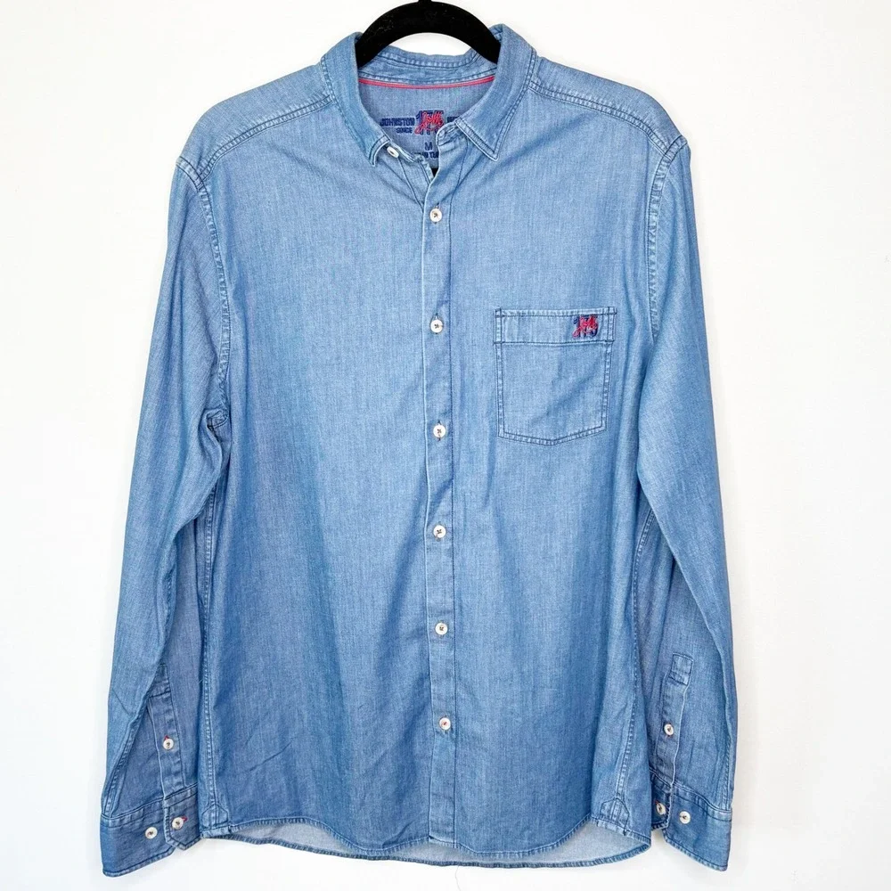 Johnston & Murphy Mens Medium Blue Chambray Stretch Button Down Long Sleeve